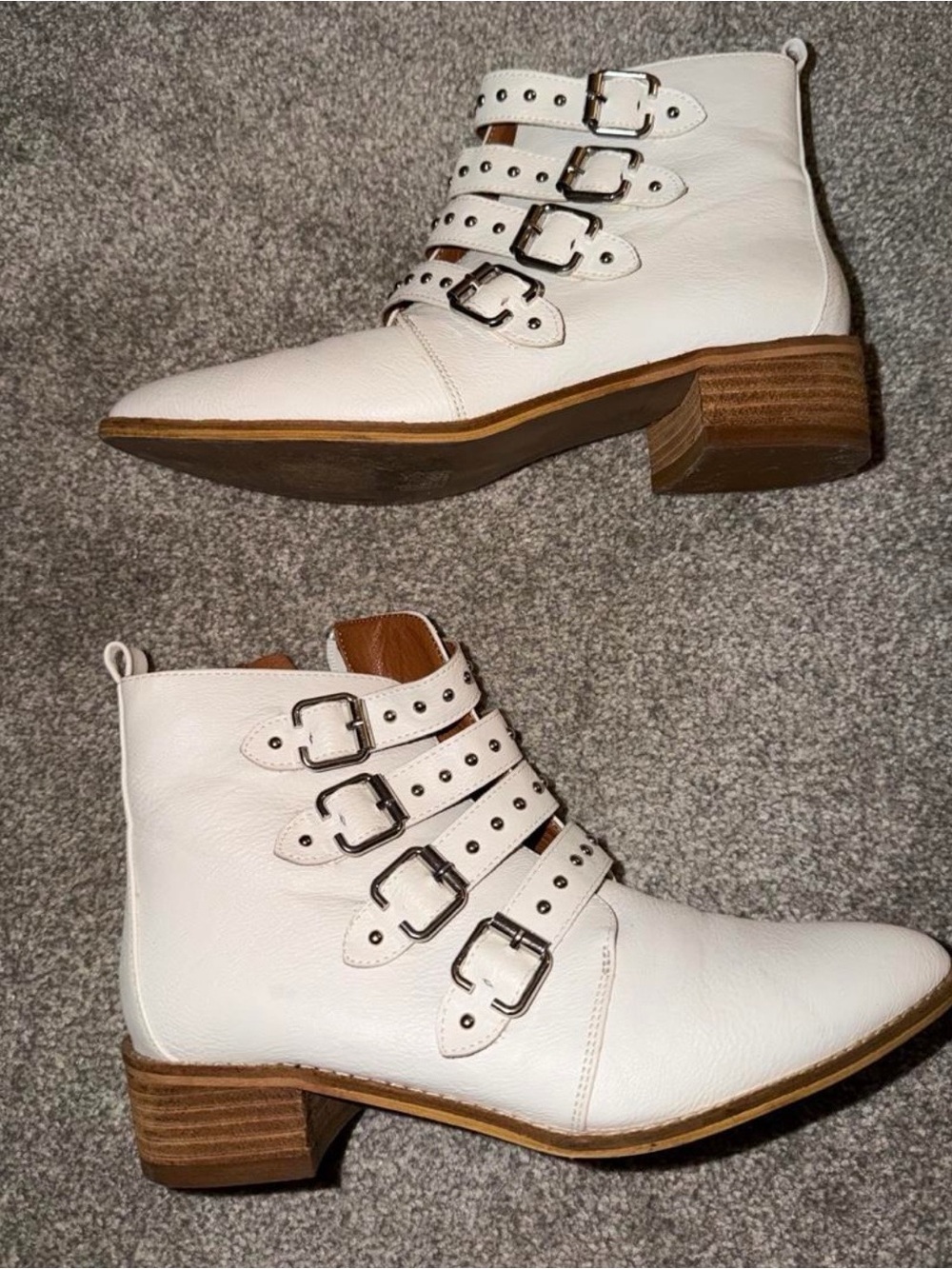 White Leather Buckle Ankle Boots for Women